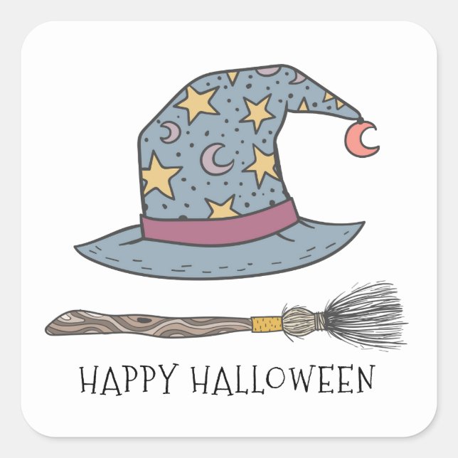Witches Hat Broom stick Halloween Square Sticker (Front)