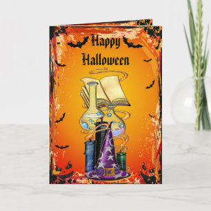 Witches Hat, Spell Book, Potions & Bats Halloween Card