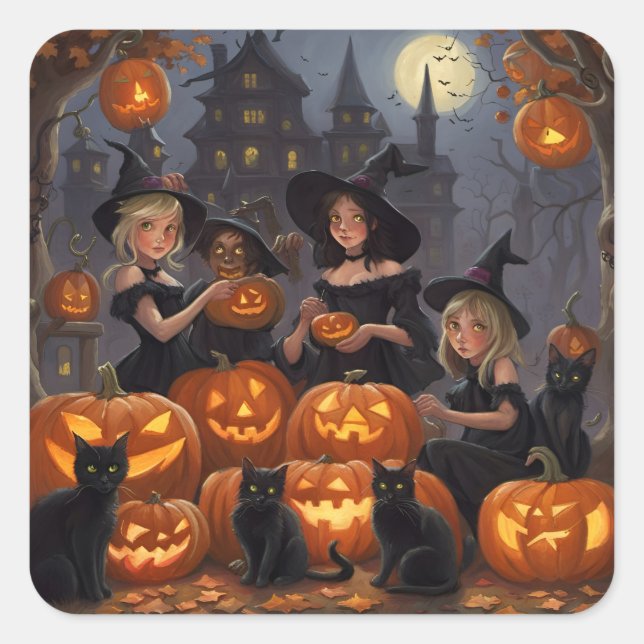 Witches, Jack o Lanterns, Black Cats, Halloween  Square Sticker (Front)