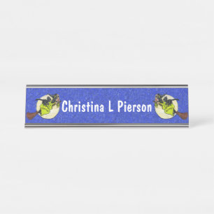 Witches on Brooms Flying Past Moon Cats Blue Desk Name Plate