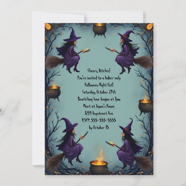 Witches on Brooms with Cauldron Women's Halloween Invitation (Front)
