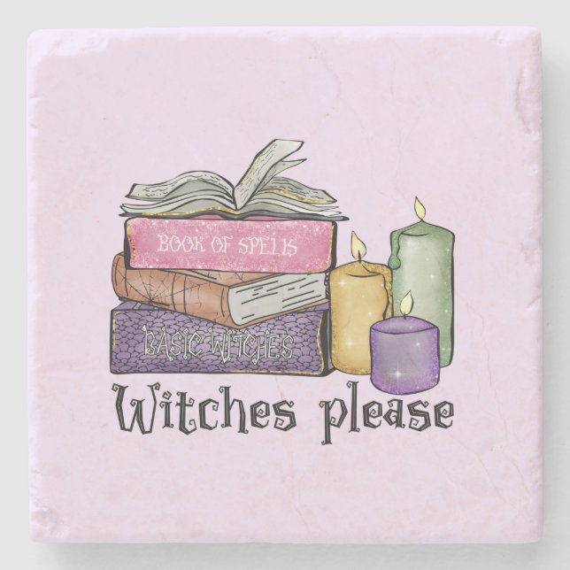 Witches Please – Stack of Witchy Books Stone Coaster (Front)