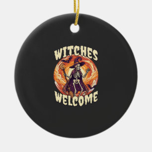 Witches Welcome Halloween Skeleton Witch Broom Bat Ceramic Ornament
