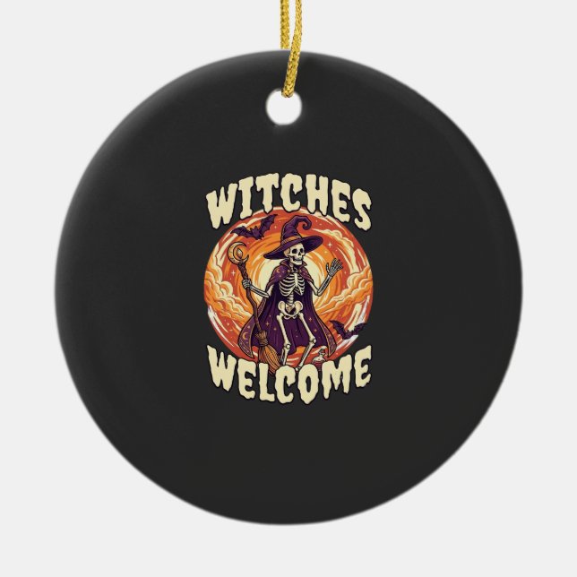 Witches Welcome Halloween Skeleton Witch Broom Bat Ceramic Ornament (Front)