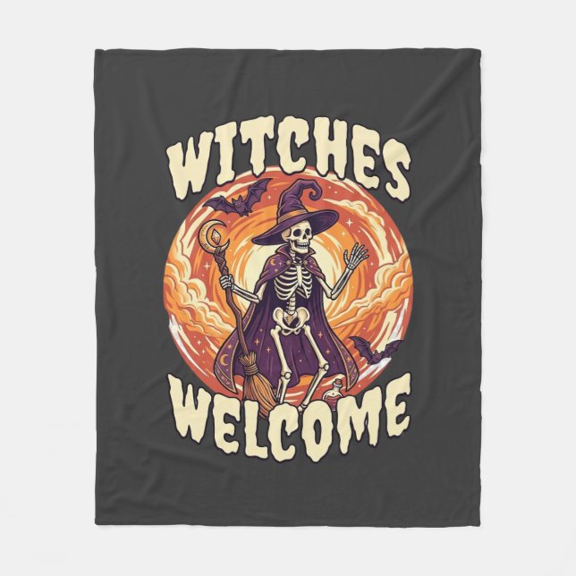 Witches Welcome Halloween Skeleton Witch Broom Bat Fleece Blanket (Front)