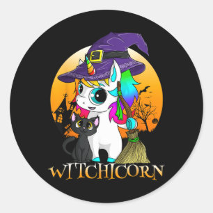 Witchicorn Unicorn Witch Halloween Black Cat Classic Round Sticker