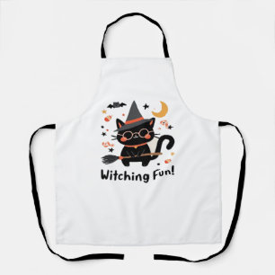 Witching Fun Black Cat with Broom – Cute Halloween Apron
