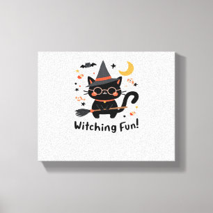 Witching Fun Black Cat with Broom – Cute Halloween Canvas Print