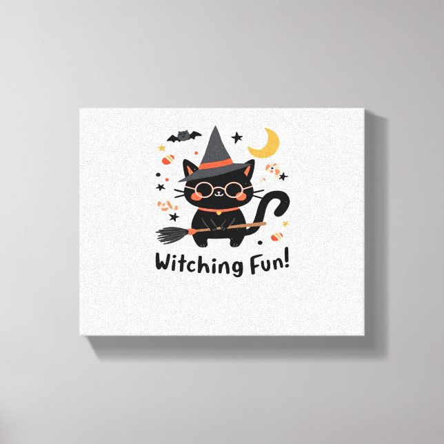 Witching Fun Black Cat with Broom – Cute Halloween Canvas Print (Front)