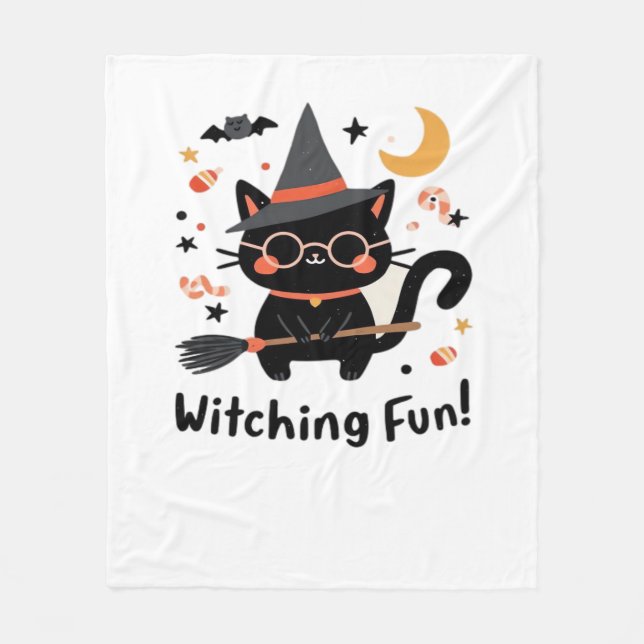 Witching Fun Black Cat with Broom – Cute Halloween Fleece Blanket (Front)