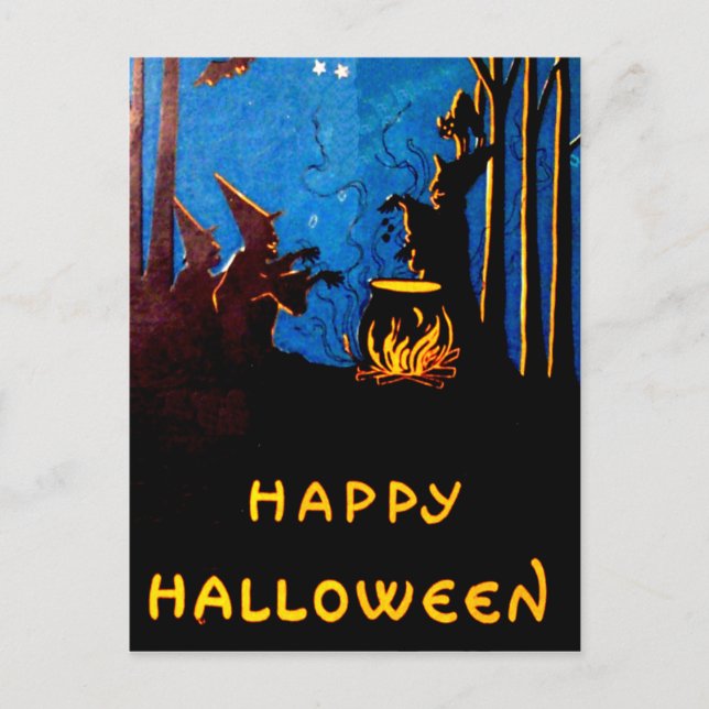 Witching Hour Black Cat Bat Cauldron Postcard (Front)