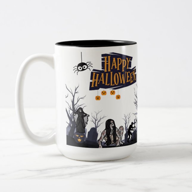 Witching Hour Whispers black & white Two-Tone Coffee Mug (Left)