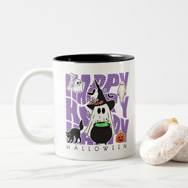 Witching Up Fun | Happy Halloween Magic & Mischief Two-Tone Coffee Mug (With Donut)