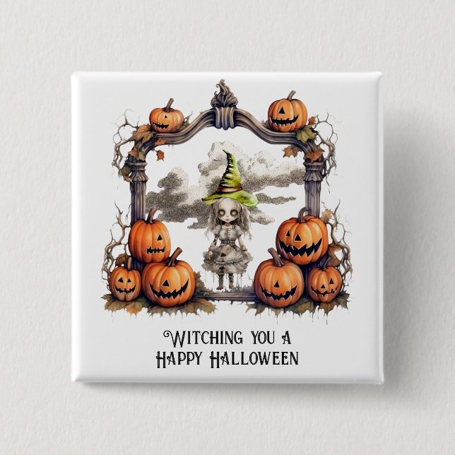 Witching you a Happy Halloween 2 Inch Square Button (Front)