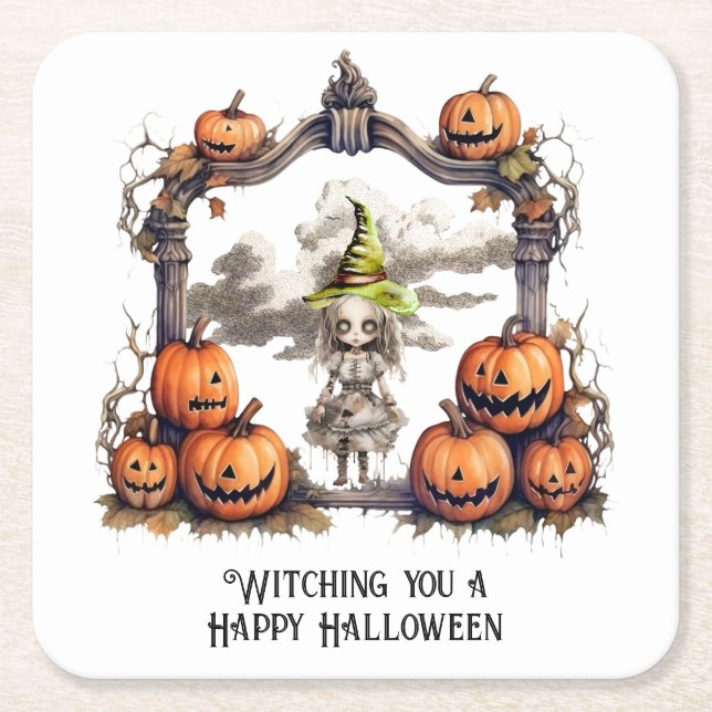 Witching you a Happy Halloween Square Paper Coaster (Front)