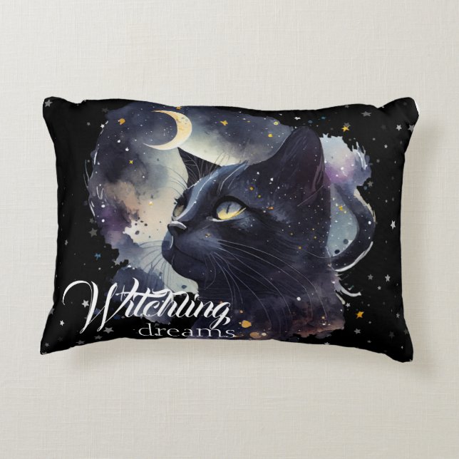 Witchling Dreams Black Cat and Stars Accent Pillow (Back)