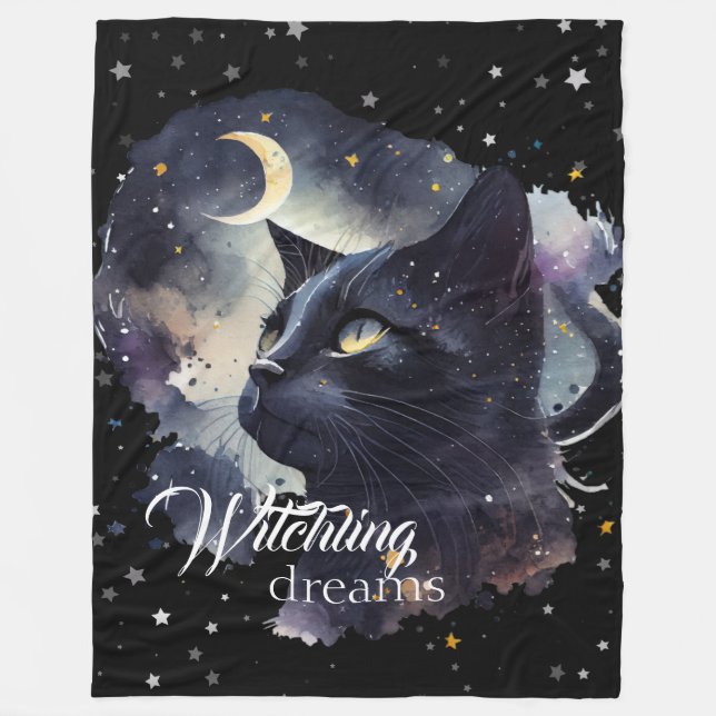 Witchling Dreams Black Cat and Stars Fleece Blanket (Front)