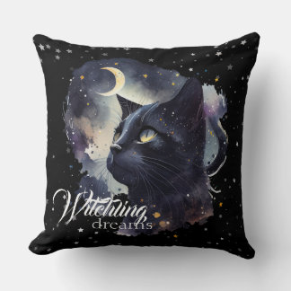 Witchling Dreams Black Cat and Stars Throw Pillow