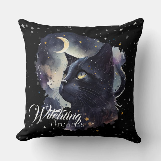 Witchling Dreams Black Cat and Stars Throw Pillow (Front)