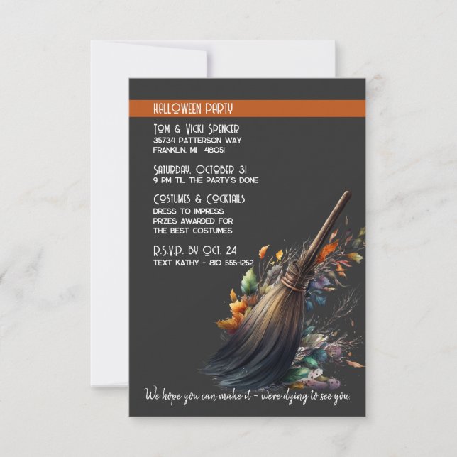 Witch's Broom Cute Halloween Costume Party Invitation (Front)