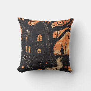 Witch's Cottage Twisted Tree Eerie Halloween Throw Pillow