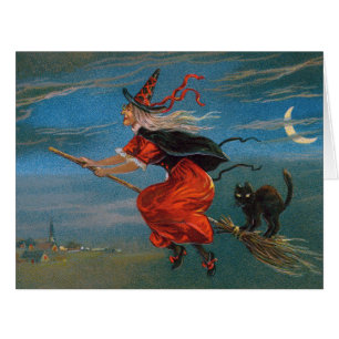 Witch's Familiar Black Cat Halloween on Broomstick