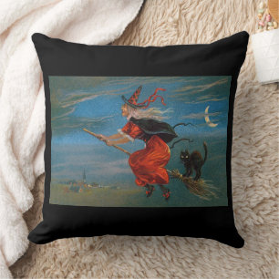 Witch's Familiar Black Cat Halloween on Broomstick Throw Pillow