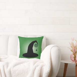 Witch's Hat With Spiderweb Green Halloween Pillow