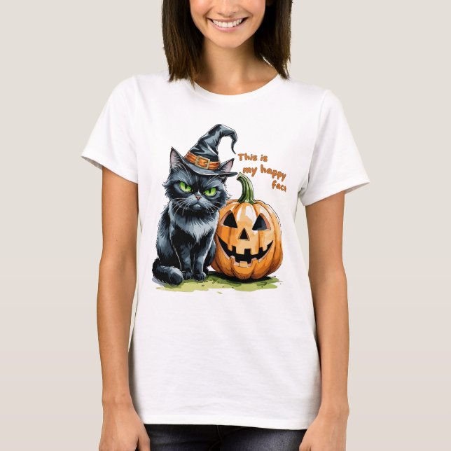 Witchy Black Cat, Gothic Halloween Pumpkin T-Shirt (Front)