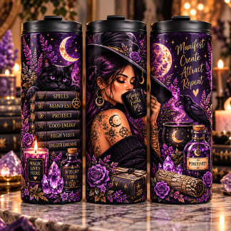 Witchy Black Cat & Manifestation Thermal Tumbler
