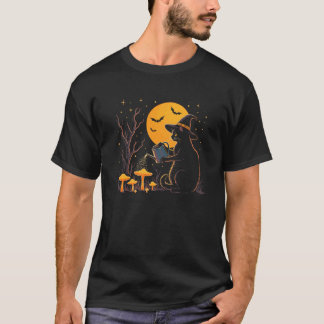 Witchy Black Cat Watering Mushrooms Moonlight Hall T-Shirt