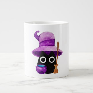 Witchy Black Cat With a Big Purple Hat Watercolor Large Coffee Mug