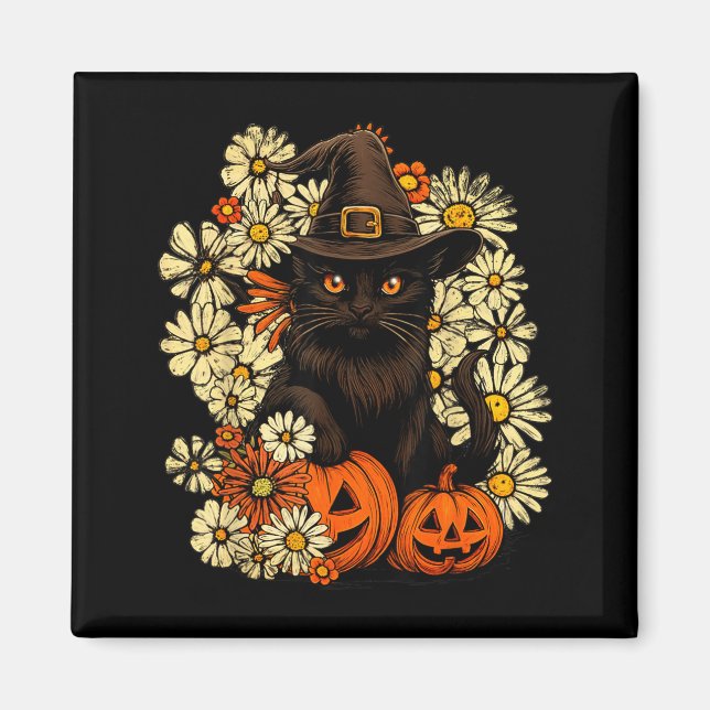 Witchy Black Cat With Flowers And Pumpkin Magnet (Front)