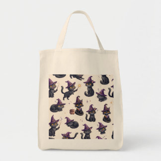 Witchy Black Cats Purple Halloween Pattern Tote Bag