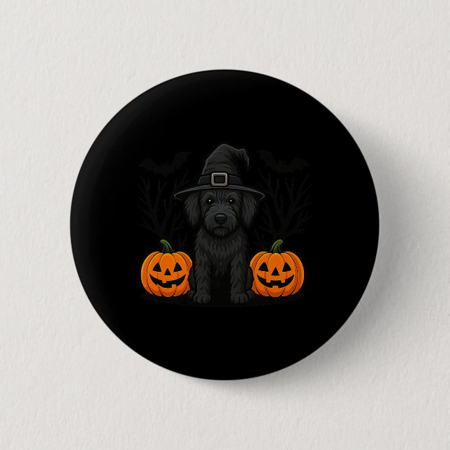 Witchy Black Labradoodle Dog Halloween Spooky Bats 2 Inch Round Button (Front)