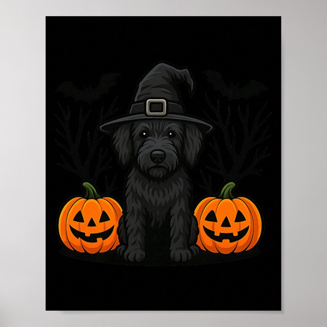 Witchy Black Labradoodle Dog Halloween Spooky Bats Poster (Front)