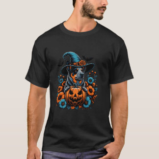 Witchy Blue Heeler Dog Scary Pumpkin Autumn Retro  T-Shirt