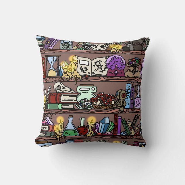 Witchy Bookshelf with Cozy Clutter Throw Pillow (Front)