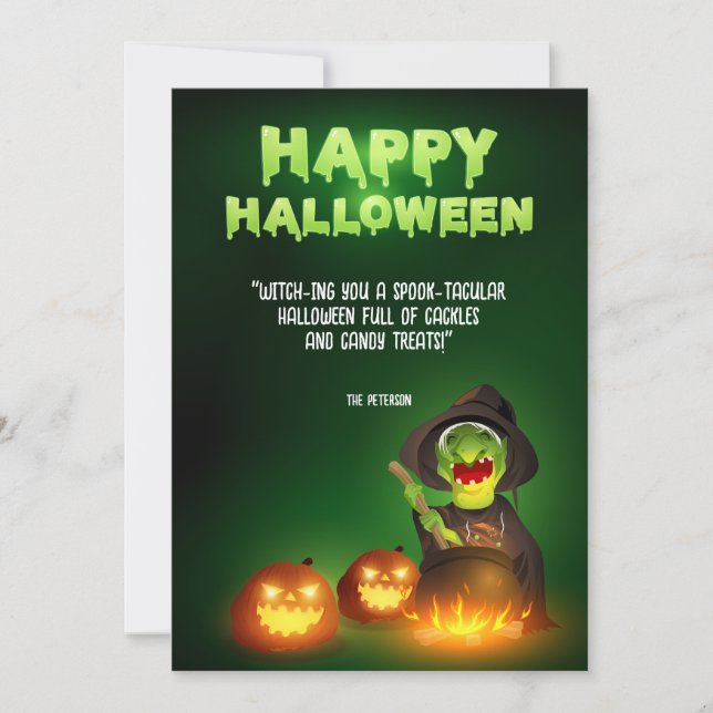 Witchy Brew Cauldron and Jack-o'-Lanterns Greeting Invitation (Front)