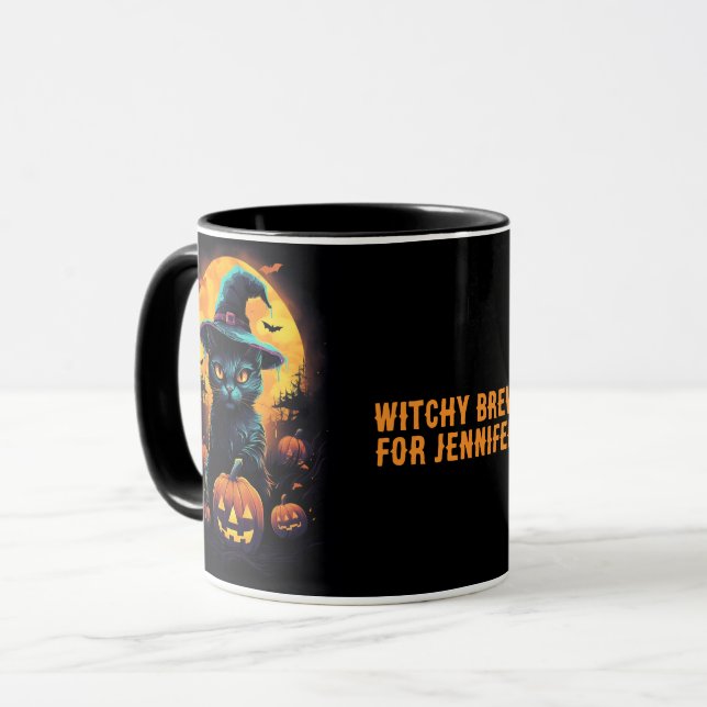 WITCHY BREW for ((name), Black Cat Halloween Mug (Front Left)