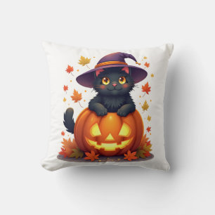 Witchy Cat in a Pumpkin Hat Throw Pillow