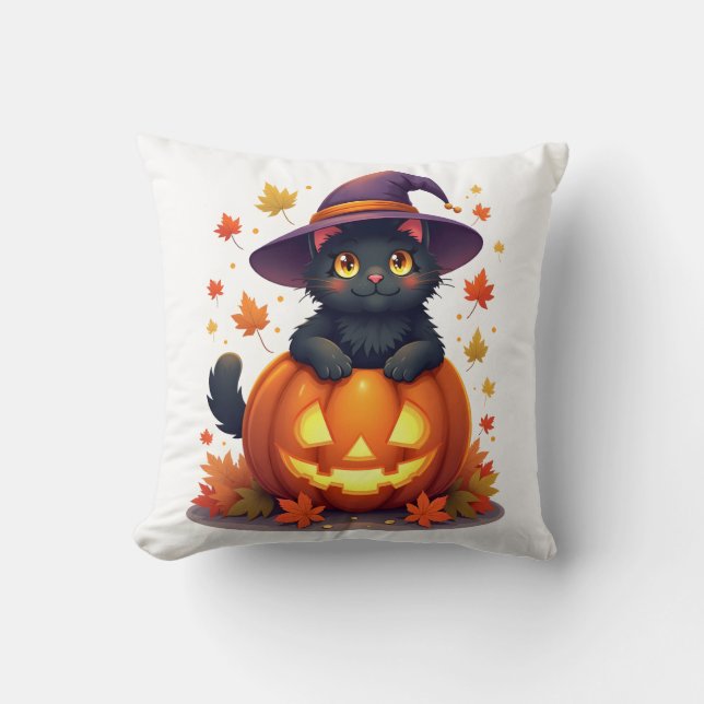 Witchy Cat in a Pumpkin Hat Throw Pillow (Front)