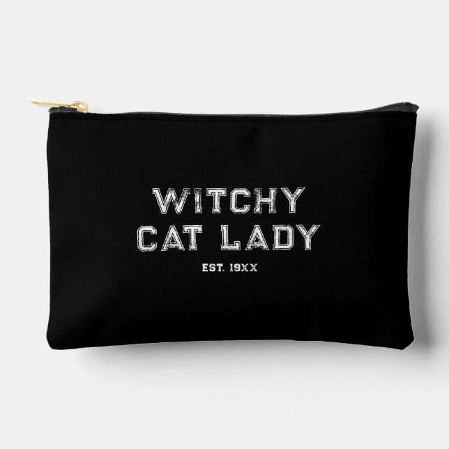 Witchy Cat Lady Custom Est. Date Distressed Black Accessory Pouch (Front)