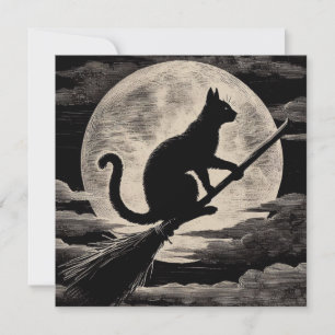 Witchy Cat on Broomstick with Full Moon Vintage Card