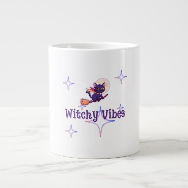 Witchy Cat Vibes – Cute Halloween Design Large Coffee Mug (Front)
