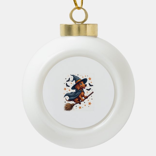 Witchy Dachshund Delight Ceramic Ball Christmas Ornament (Front)