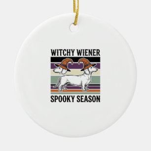 Witchy Dachshund Halloween Vintage Engraving Dog S Ceramic Ornament