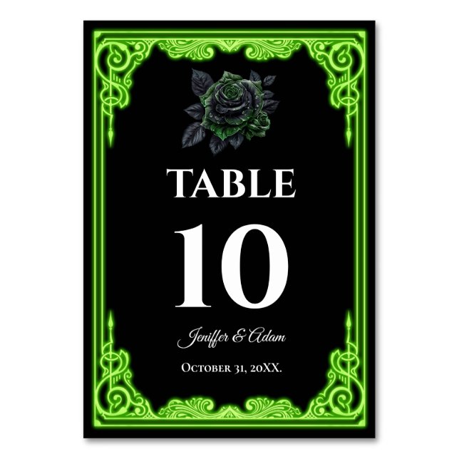 Witchy green Glow Gothic Wedding Table number (Front)