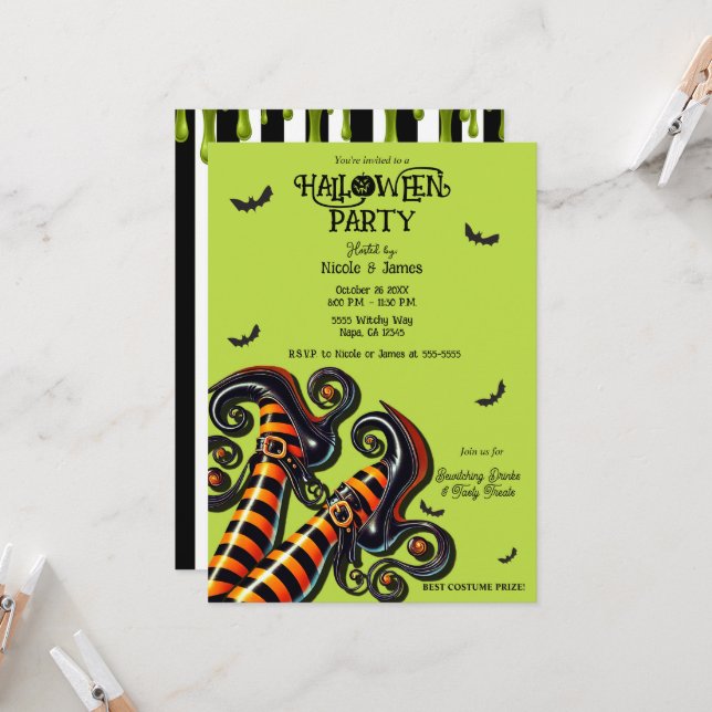 Witchy Green Orange Black Legs Halloween Party  Invitation (Front/Back In Situ)