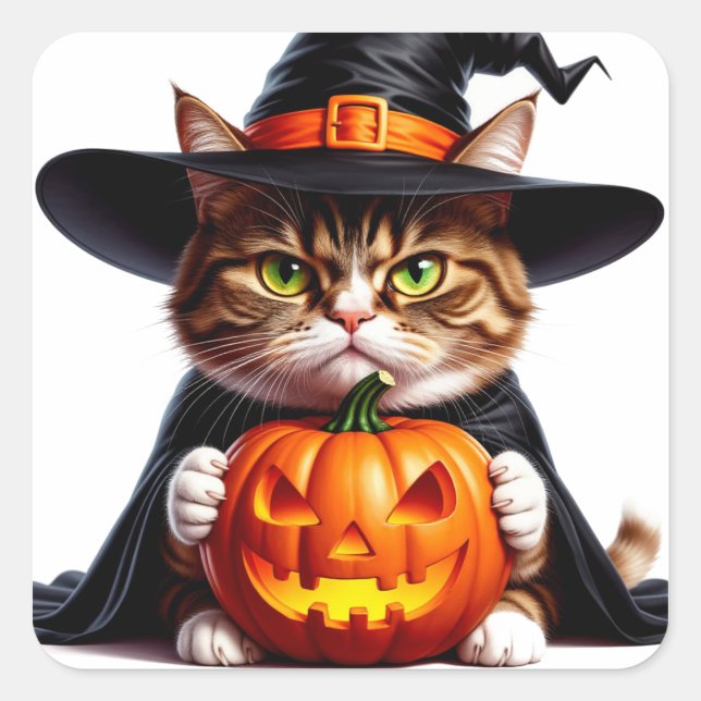 Witchy Grumpy Cat With Jack O Lantern Pumpkin 🎃 Square Sticker (Front)